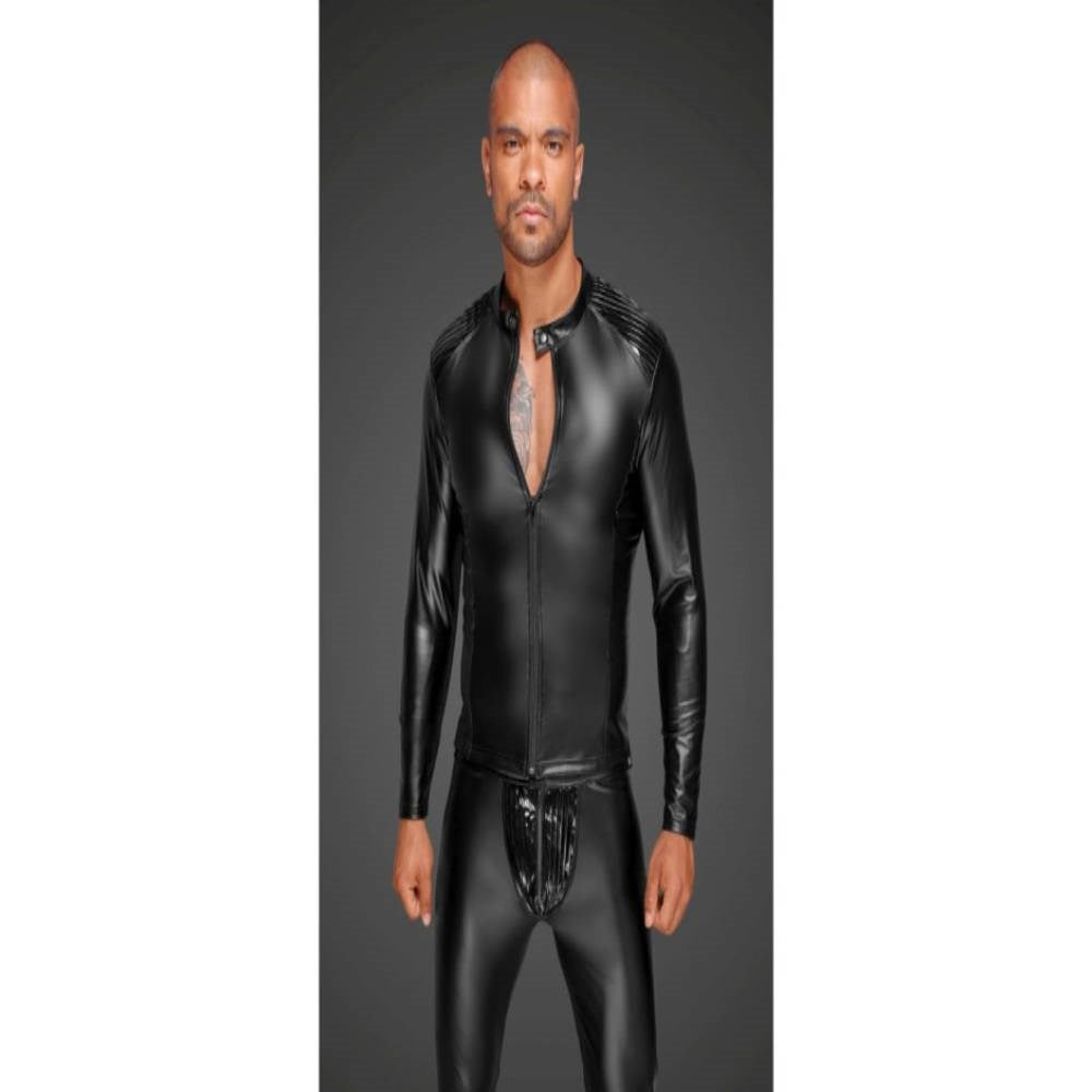 Noir Handmade Power Wetlook Mens Jacket With Pleated PVC Epaulets - - His Fetish