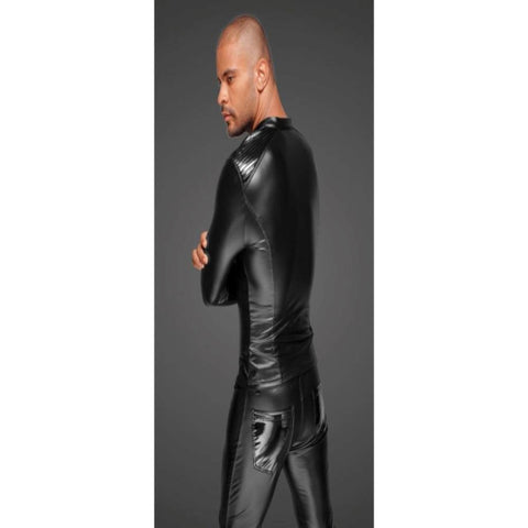 Noir Handmade Power Wetlook Mens Jacket With Pleated PVC Epaulets - His Fetish