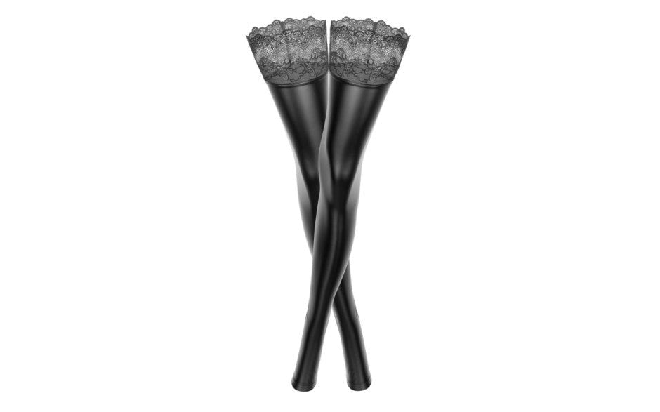 Noir Handmade Power Wetlook Womens Stockings With Siliconed Lace - - Her Fetish