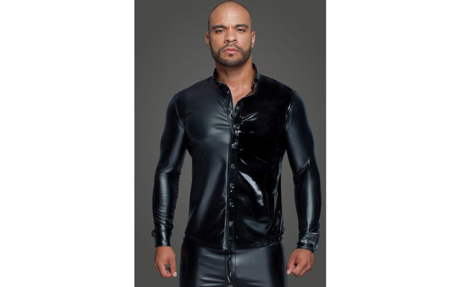 Noir Handmade Powerwetlook PVC Long Sleeved Mens Shirt With Button Placket - - His Fetish