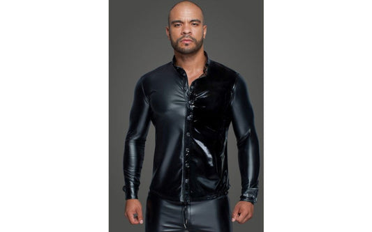 Noir Handmade Powerwetlook PVC Long Sleeved Mens Shirt With Button Placket - His Fetish