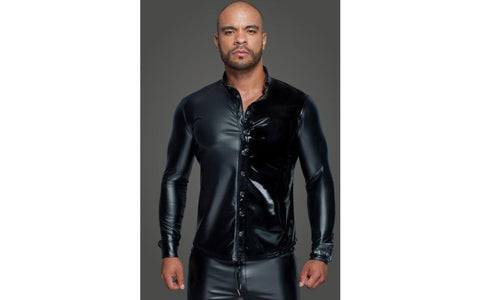 Noir Handmade Powerwetlook PVC Long Sleeved Mens Shirt With Button Placket - His Fetish