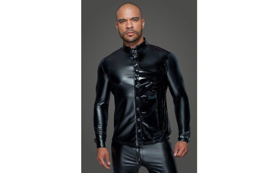 Noir Handmade Powerwetlook PVC Long Sleeved Mens Shirt With Button Placket - - His Fetish