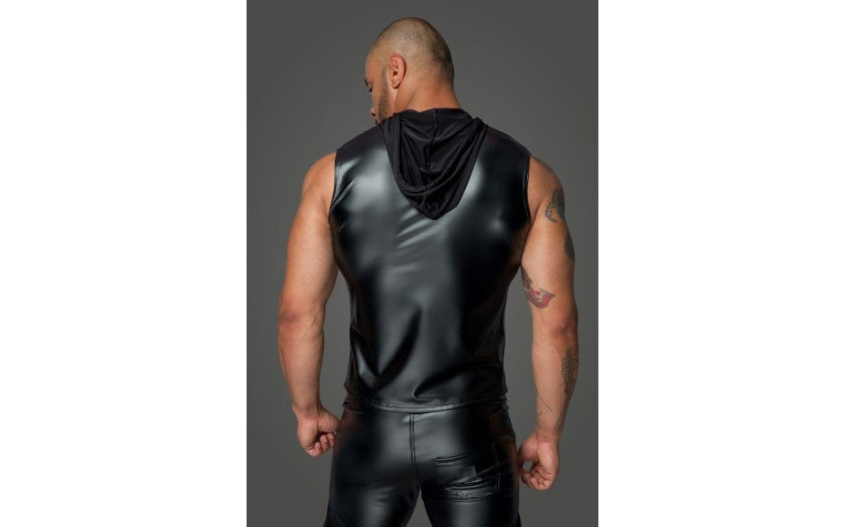 Noir Handmade Powerwetlook Sleeveless Hooded Mens Shirt with 2 Way Zipper - - His Fetish