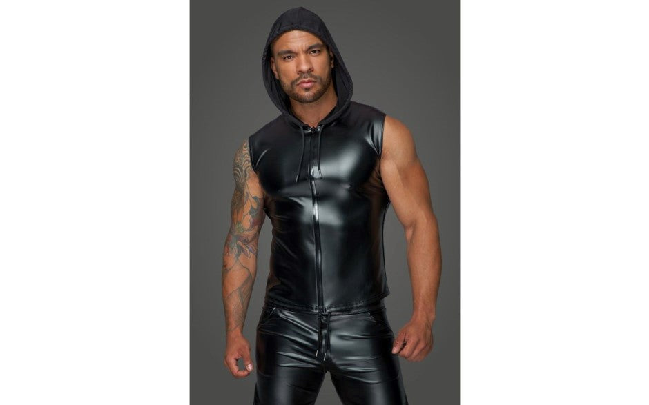 Noir Handmade Powerwetlook Sleeveless Hooded Mens Shirt with 2 Way Zipper - - His Fetish