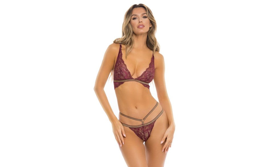 Rene Rofe Lurex Dreams 2 Piece Sexy Bra and Panty Set Burgundy - - Bras and Bra Sets