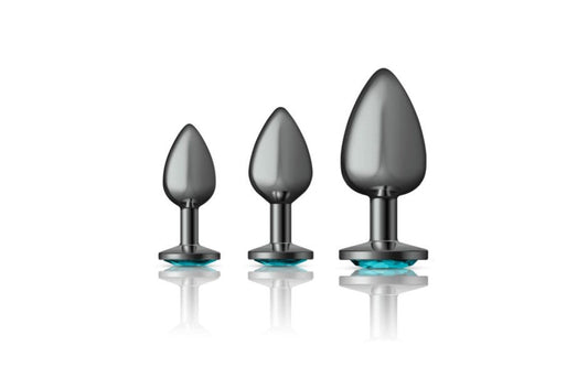 Cheeky Charms Round Metal Butt Plug Gunmetal Kit With Teal Jewel 3 Piece - Butt Plugs