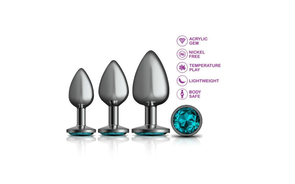 Cheeky Charms Round Metal Butt Plug Gunmetal Kit With Teal Jewel 3 Piece - - Butt Plugs