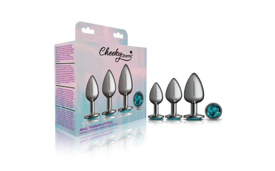 Cheeky Charms Round Metal Butt Plug Gunmetal Kit With Teal Jewel 3 Piece - - Butt Plugs