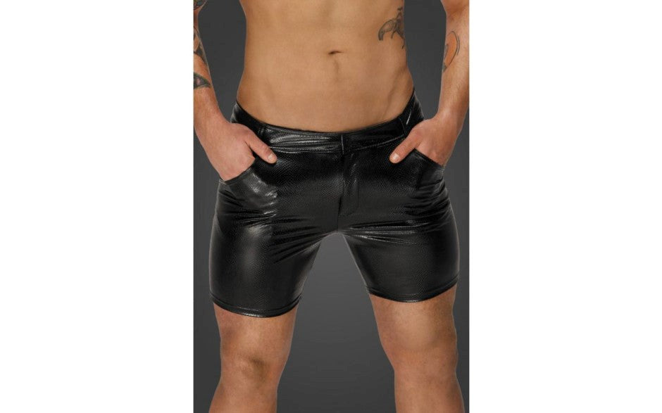 Noir Handmade Snake Wetlook Mid Length Mens Shorts with Back Pockets - - His Fetish