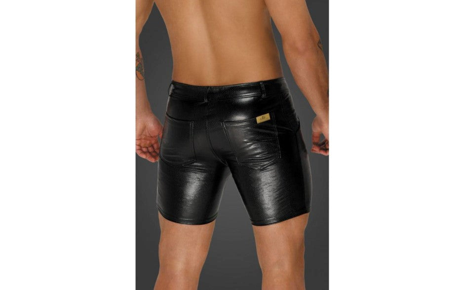 Noir Handmade Snake Wetlook Mid Length Mens Shorts with Back Pockets - - His Fetish