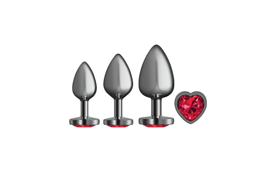 Cheeky Charms Round Metal Butt Plug Gunmetal 3 Piece Kit With Dark Red Heart Jewel - - Butt Plugs