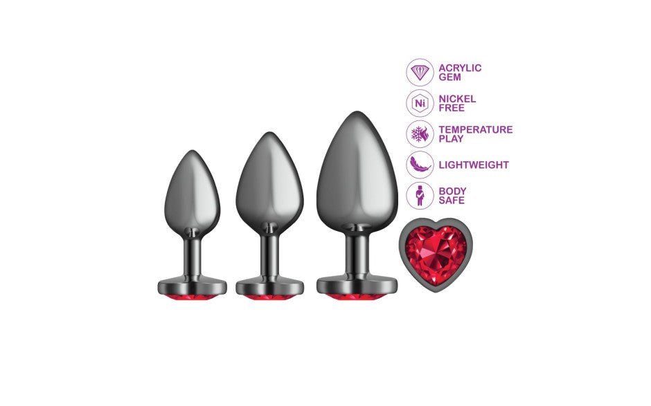 Cheeky Charms Round Metal Butt Plug Gunmetal 3 Piece Kit With Dark Red Heart Jewel - - Butt Plugs