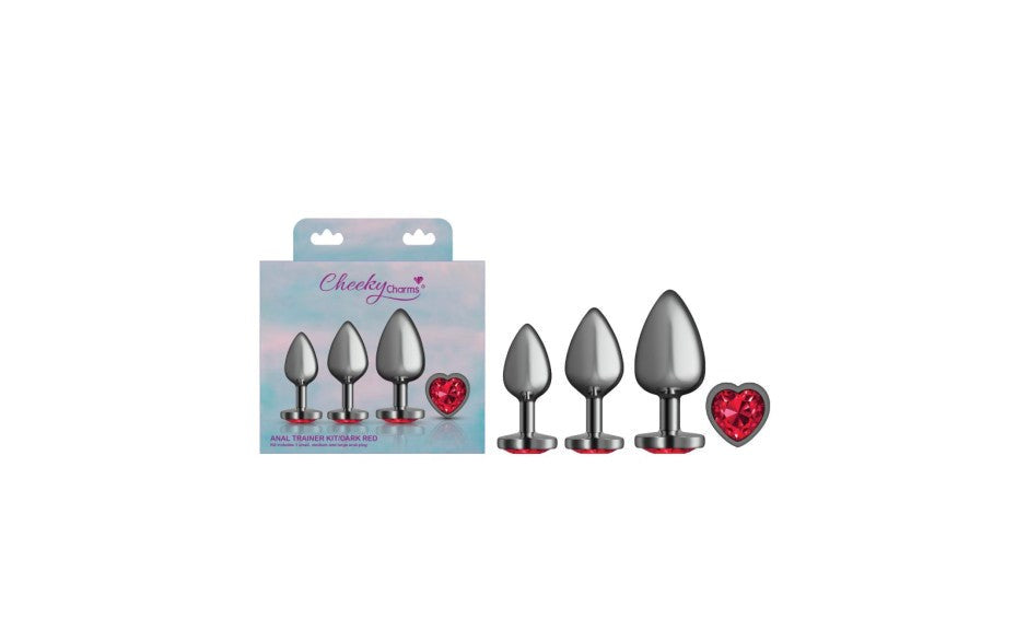 Cheeky Charms Round Metal Butt Plug Gunmetal 3 Piece Kit With Dark Red Heart Jewel - - Butt Plugs