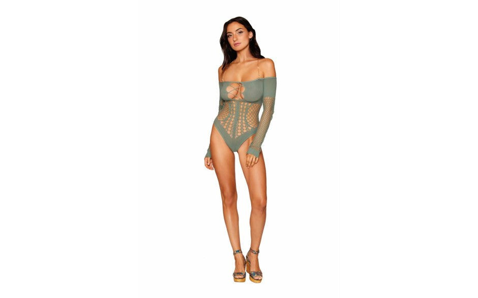 Dreamgirl Lingerie Seamless Long Sleeve Teddy With Removeable Gold Halter Chain Sage - - Teddies and Bodysuits