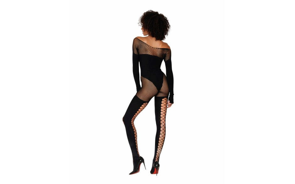 Dreamgirl Lingerie Seamless Opaque & Fishnet Bodystocking Black - - Body Stockings