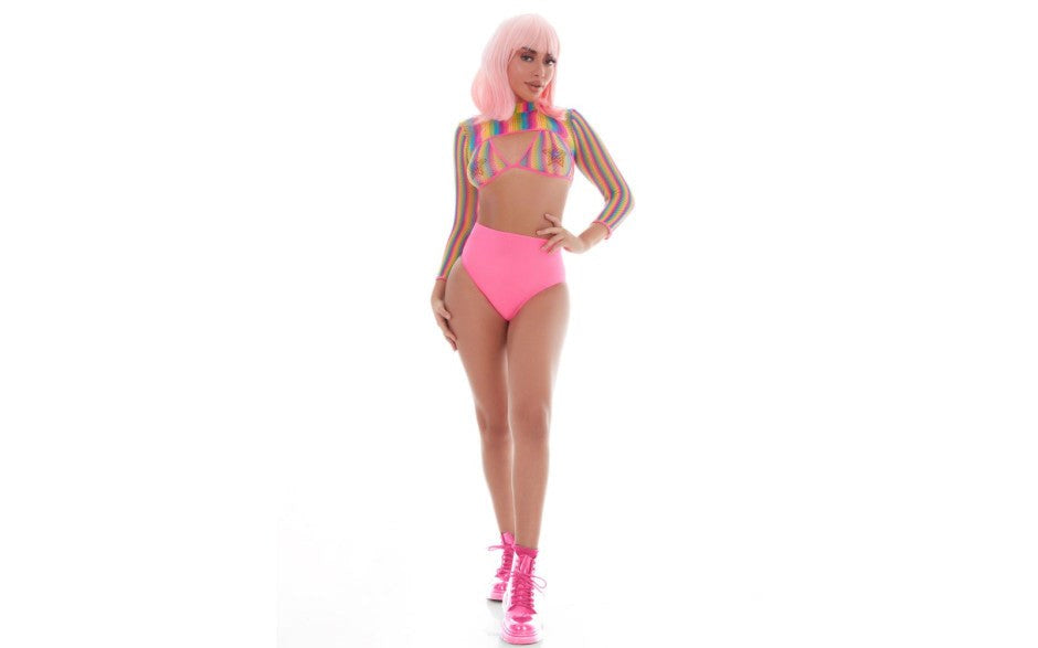 Pink Lipstick Rainbow Shrug Bikini Top Hot Pants Net Set Including Pasties - - Teddies and Bodysuits