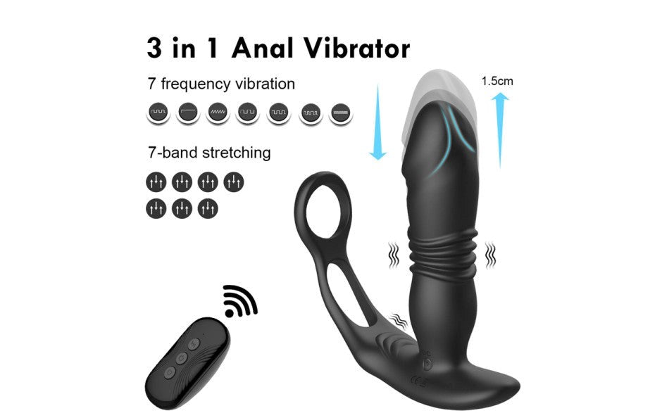 X MEN Thrusting Silicone Butt Plug With Cock Ring & Remote - - Butt Plugs