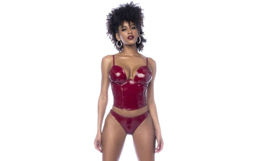 Mapale 2 Piece Wet Look Vinyl Bodysuit Set Gloss Wine - Her Fetish