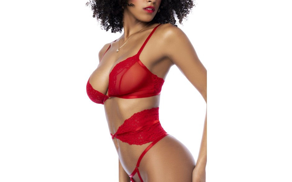 Mapale 3 Piece Bra, Panties and Flexible Corset Set Red - - Bras and Bra Sets