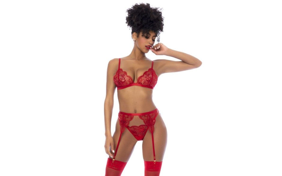 Mapale 3 Piece Bralette, Garter Belt and Thong Set Red - - Bras and Bra Sets