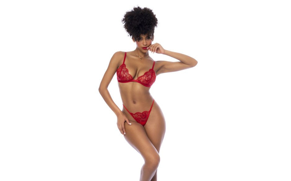 Mapale 3 Piece Bralette, Garter Belt and Thong Set Red - - Bras and Bra Sets