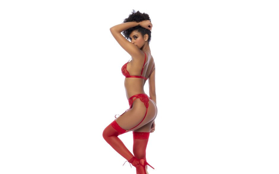 Mapale 3 Piece Bralette, Garter Belt and Thong Set Red - - Bras and Bra Sets