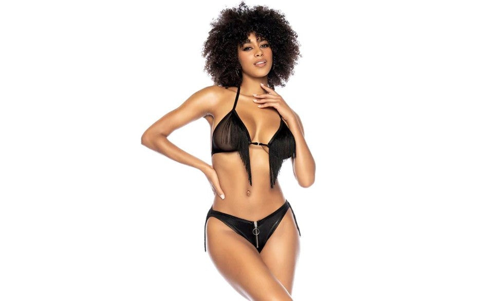 Mapale Fringe Halter 2 Piece Bra and Panty Set Black - - Bras and Bra Sets