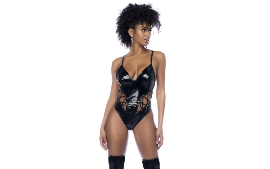 Mapale Wet Look Vinyl Bodysuit With Lace-up Eyelet Details Black - - Her Fetish