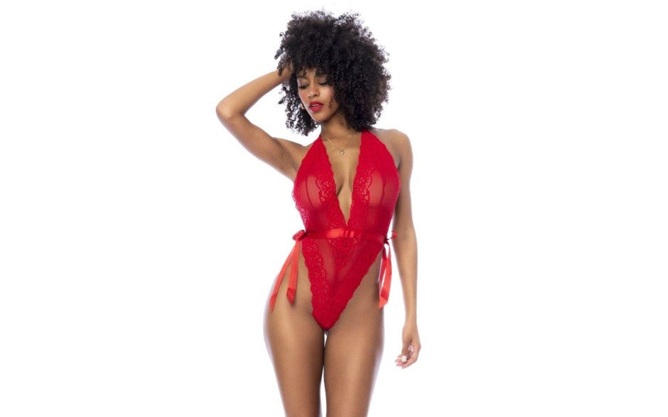 Mapale Womens Lace Bodysuit with Side Ties Red - - Teddies and Bodysuits