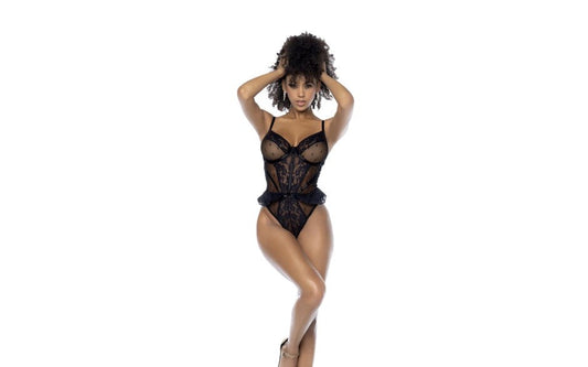 Mapale Womens Sexy Bodysuit With Lace Ruffles Black - Teddies and Bodysuits