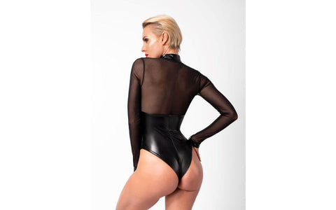 Noir Handmade Edge Wetlook and Mesh Bodysuit With Rings Black - Her Fetish