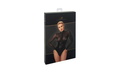 Noir Handmade Edge Wetlook and Mesh Bodysuit With Rings Black - Her Fetish