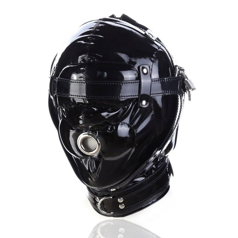 BDStyle Blindfolded Hood With Mouth Hole Bright Black - - Bondage Hoods