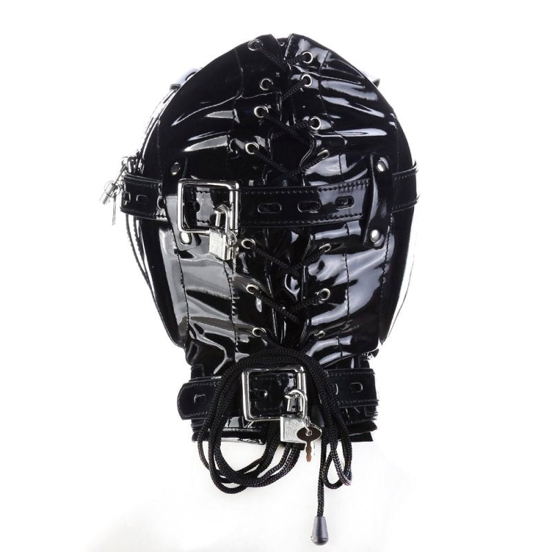 BDStyle Blindfolded Hood With Mouth Hole Bright Black - - Bondage Hoods