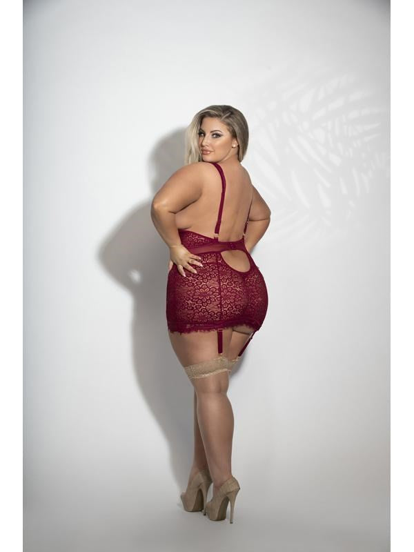 Seven Til Midnight Two Piece Eyelash and Floral Lace Chemise And G-String Set Wine - - BabyDolls And Chemises