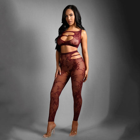 Fantasy Lingerie Sheer Fantasy Undivided Attention Body Stockings Burgundy - Body Stockings