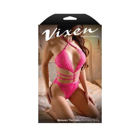 Fantasy Lingerie Vixen Between The Lines Womens Teddy Hot Pink - - Teddies and Bodysuits