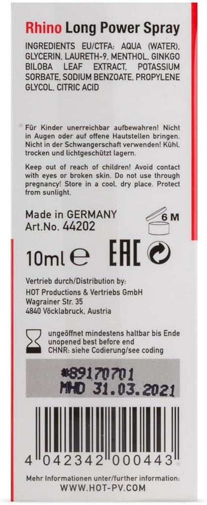 Hot Production HOT Rhino Long Power Enhancer Spray For Men 10ml - Delay and Excite Sprays