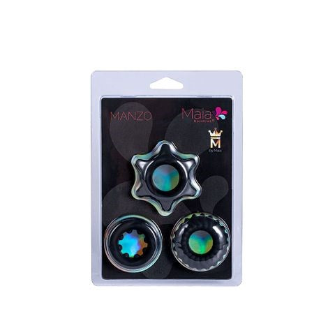 Maia MANZO Stretchy Silicone Cock Rings Set of 3 Black - - Cock Ring Sets