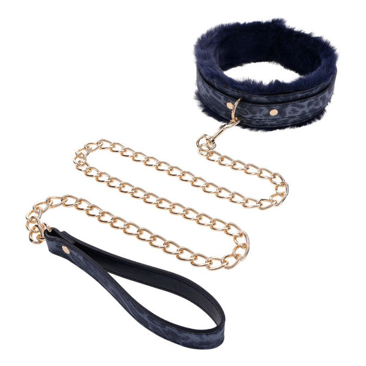 Sportsheets Sex & Mischief Cougar Fur Bondage Collar & Leash Navy Blue / Gold - Collars and Leads