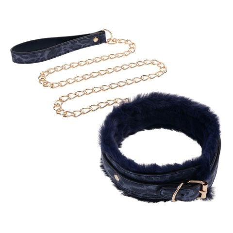 Sportsheets Sex & Mischief Cougar Fur Bondage Collar & Leash Navy Blue / Gold - Collars and Leads