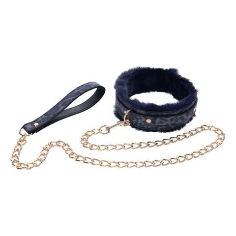 Sportsheets Sex & Mischief Cougar Fur Bondage Collar & Leash Navy Blue / Gold - Collars and Leads