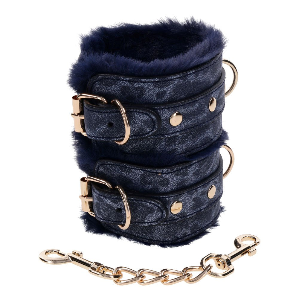 Sportsheets Sex & Mischief Cougar Fur Handcuffs Restraints Navy Blue / Gold - Cuffs And Restraints