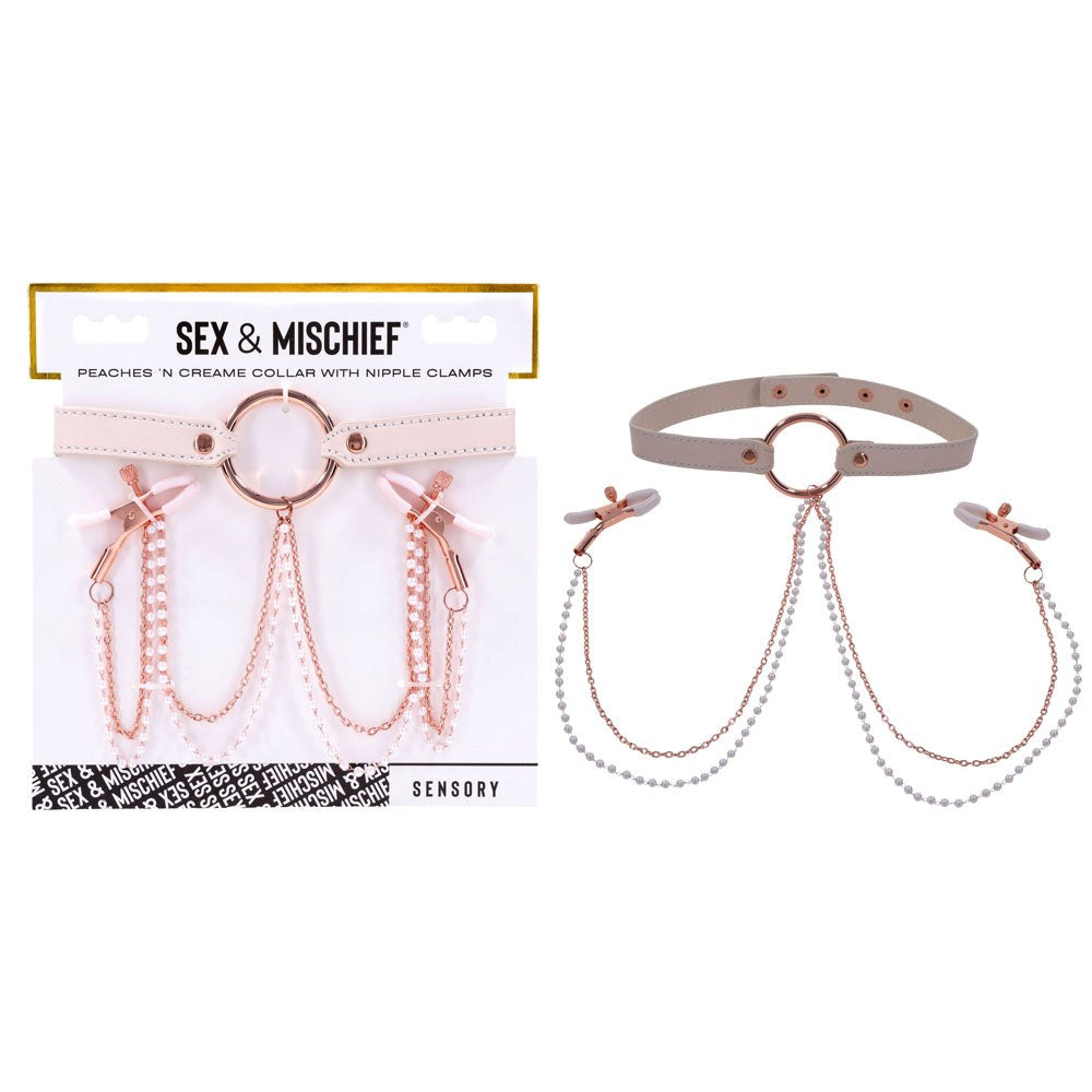 Sportsheets Sex & Mischief Peaches N CreaMe Collar With Nipple Clamps - Nipple and Clit Clamps