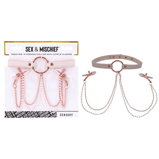 Sportsheets Sex & Mischief Peaches N CreaMe Collar With Nipple Clamps - Nipple and Clit Clamps