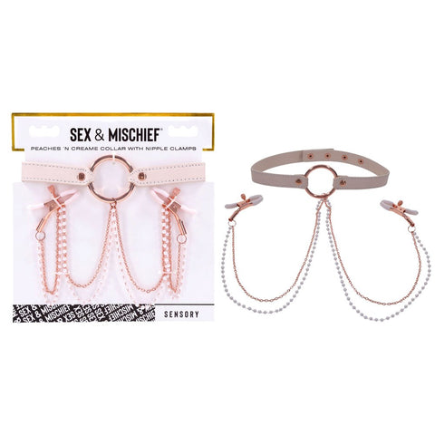 Sportsheets Sex & Mischief Peaches N CreaMe Collar With Nipple Clamps - Nipple and Clit Clamps