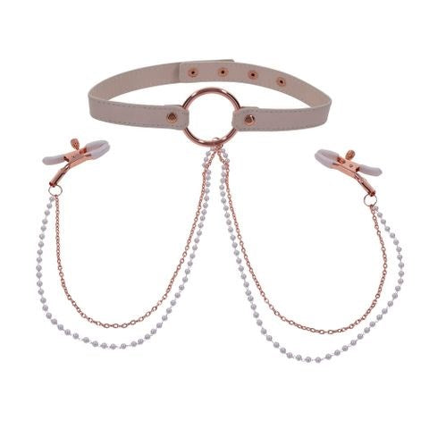 Sportsheets Sex & Mischief Peaches N CreaMe Collar With Nipple Clamps - Nipple and Clit Clamps