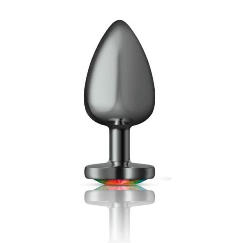 Cheeky Charms Gunmetal Butt Plug With Heart Rainbow Jewel - - Butt Plugs