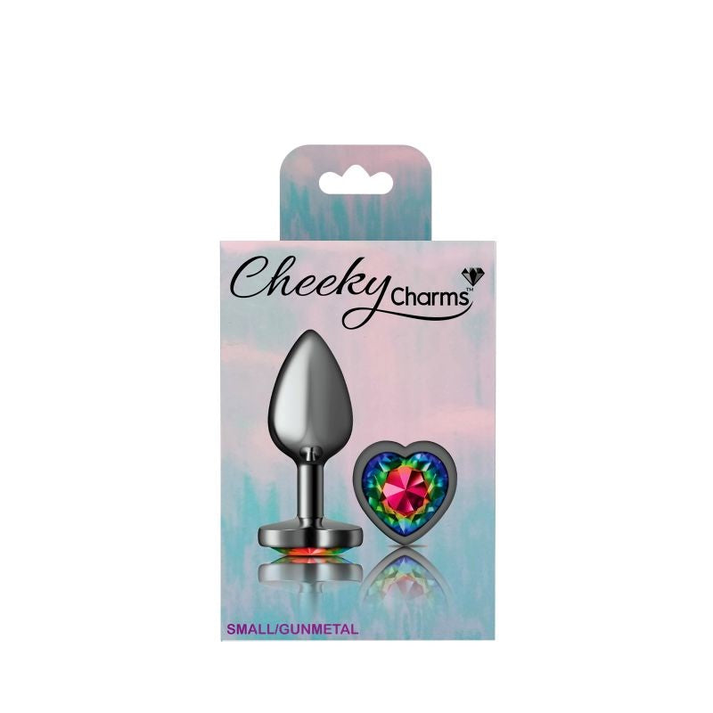 Cheeky Charms Gunmetal Butt Plug With Heart Rainbow Jewel - - Butt Plugs